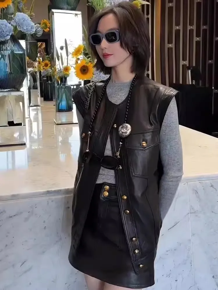 Vintage Women Single Breasted Genuine Leather Vest O-Neck Casual Sleeveless Sheepskin Jacket Loose Fit High Street Waistcoat