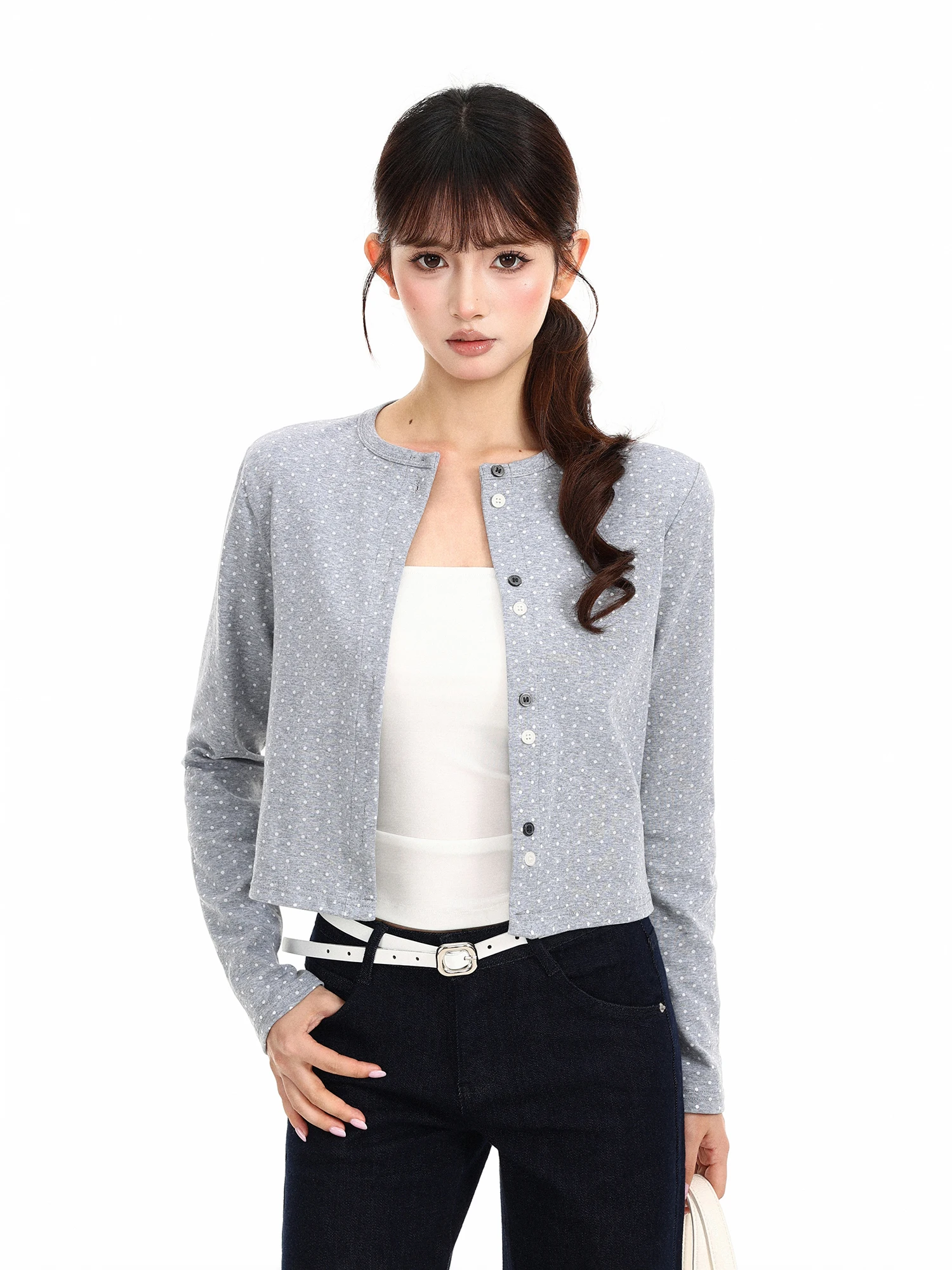 Short Polka Dot Print Open Cardigan Jacket Women's Slim Fit Thin Long Sleeve Top Korean Style Breathable Cotton Blend Knitwear