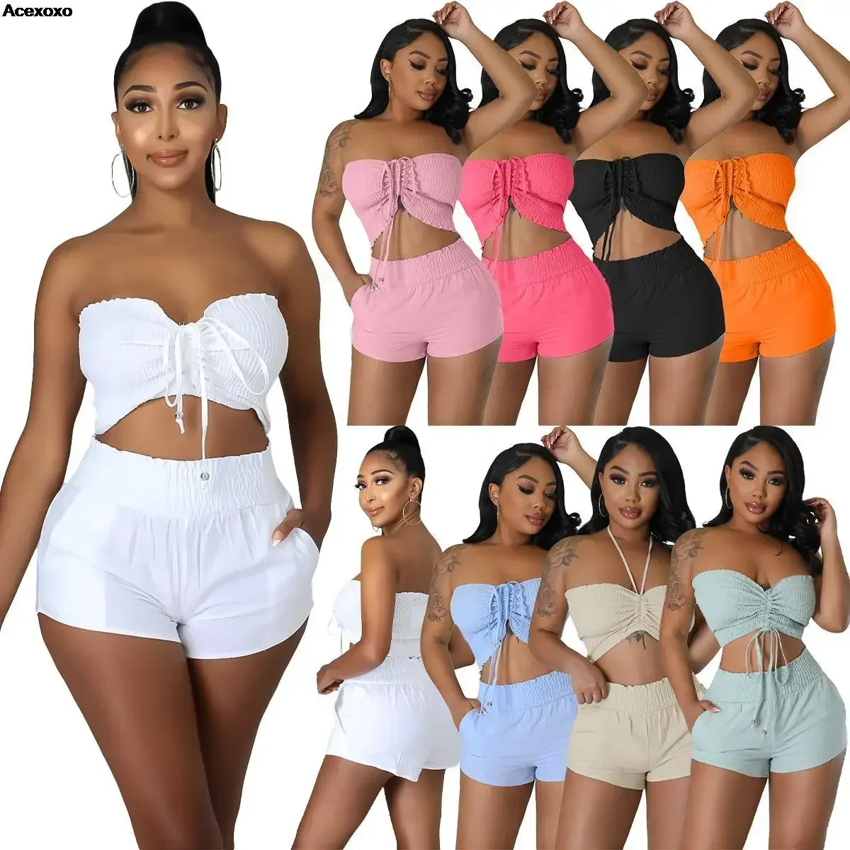 

Summer new women's solid color casual fashion shoulder wipe two-piece set