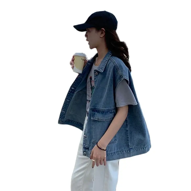 Denim Vest Women Large Size Jean Waistcoat Female Sleeveless Coats Spring Autumn Casual Streetwear Jacket Light Blue Coat BF Top