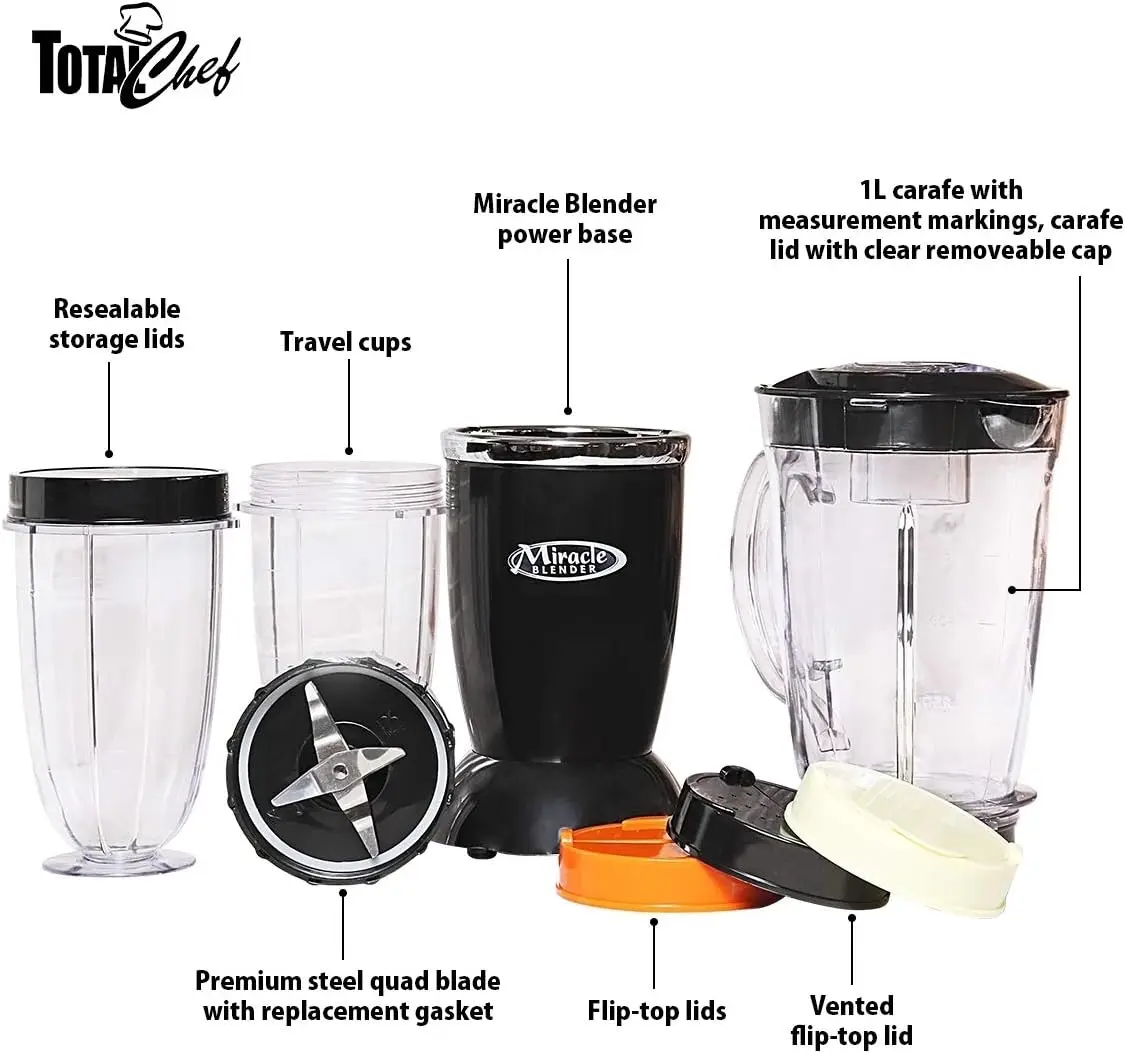 مجموعة خلاط توتال شيف ميراكل مكونة من 12 قطعة مع شفرة رباعية شديدة التحمل، وإبريق سعة 1 لتر، وأكواب وأغطية للسفر، وإكسسوارات آمنة للاستخدام في غسالة الأطباق