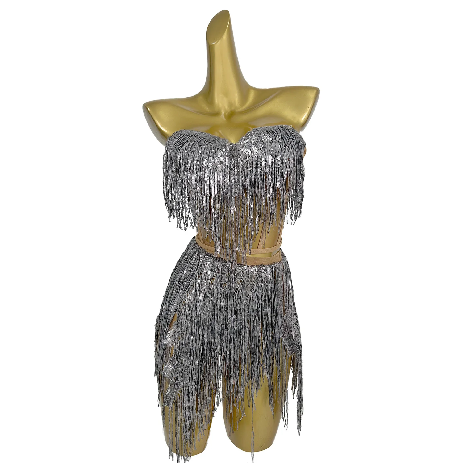 

Sparkly Sequins Tassels Women Sexy Backless Crop Tops Mini Skirt 2Pieces Sexy Nightclub Party Stage Performance Sexy Dance Wear