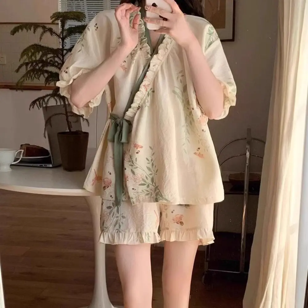 

New Chinese Style Lace Up Pajama Suit Flower Reffle Shorts Sleeve Nightwear Women Homewear V-Neck Two Pieces Sleepwear Sets