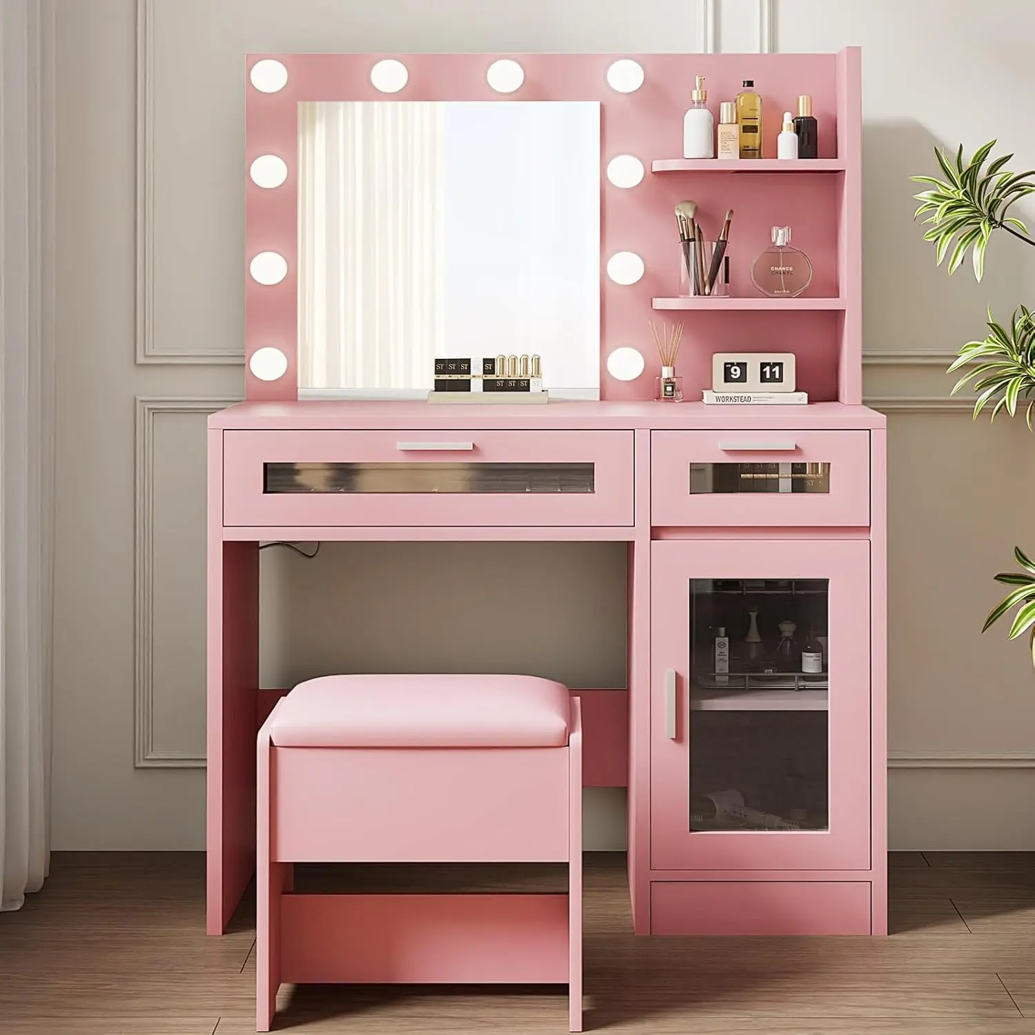 Pink Makeup Vanity Desk with Lights, Mirror, Adjustable Dimmable Lights, 2 Drawers, Cabinet & Open Shelves, 35.4' W x 15.7' D x