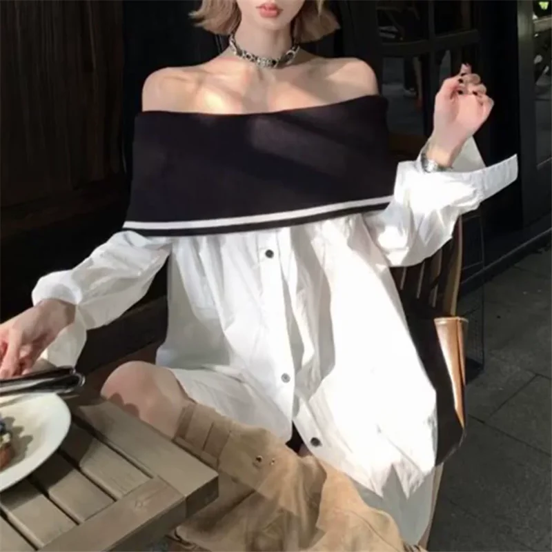 

Contrasting Color Slash Neck New Spring Fall Women Top Strapless Off Shoulder Chic Loose White Shirt Long Sleeve Casual Blouse