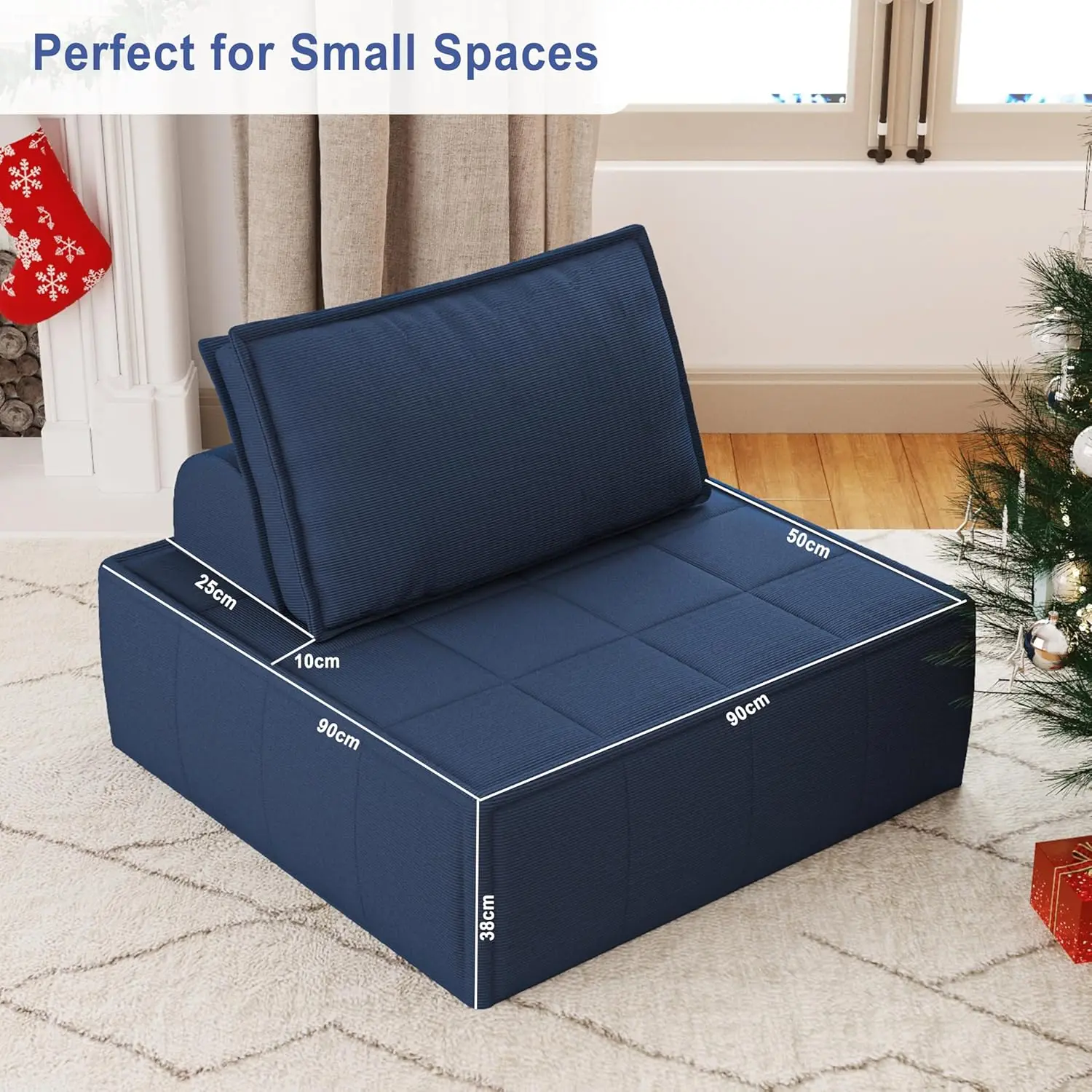 Modular Sectional Sofa Sleeper, Adjustable Backrest, Corduroy Fabric, No Assembly, Blue for Small Spaces