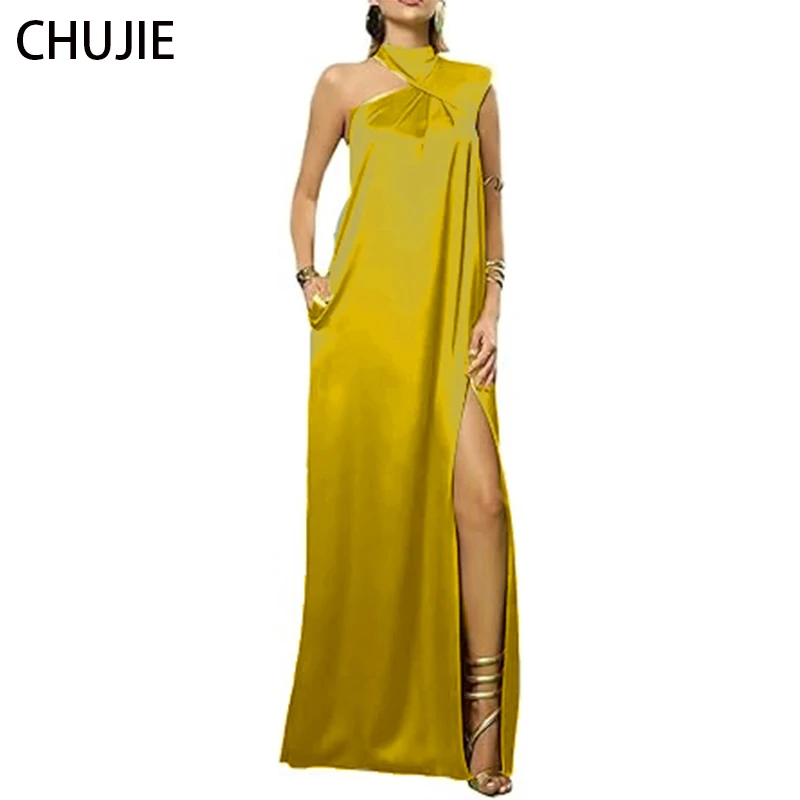 Złota Sukienka Wieczorowa na Jedno Ramię, Suknia Balowa, Długa Sukienka na Studniówkę, Sukienka na Imprezę, Jedwabna Satynowa Suknia Wieczorowa z Rozcięciem, Szata فساتين س