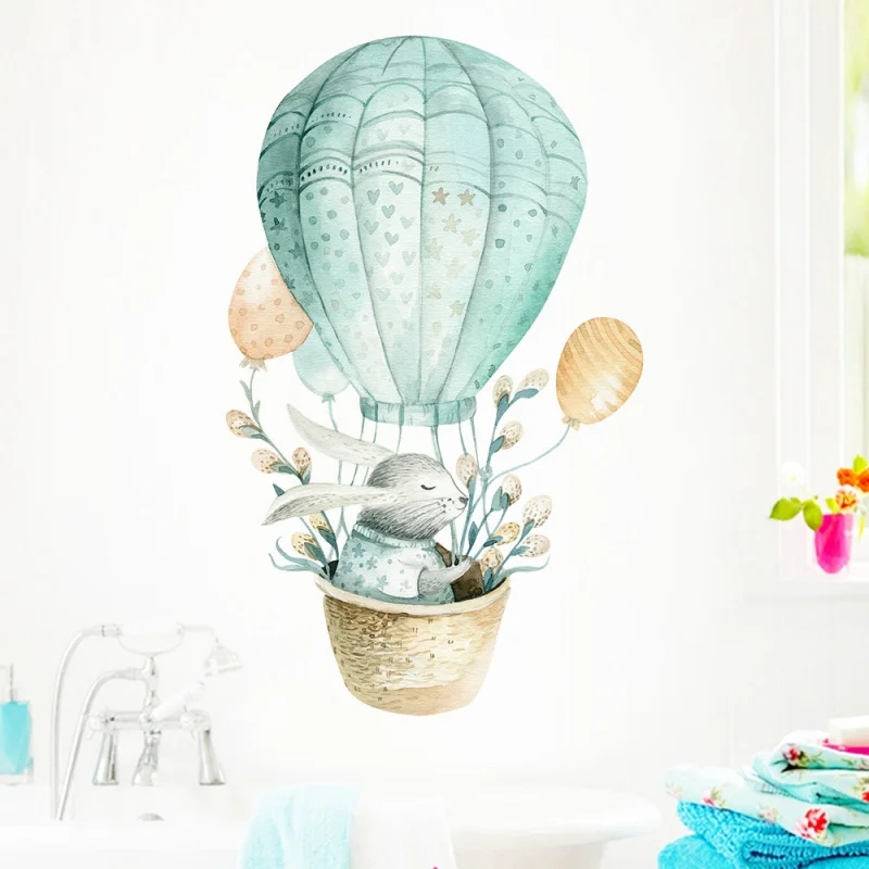 

Cartoon Rabbit Hot Air Balloon Wall Sticker, Kindergarten Kids Bedroom Wall Beautification Decal, Cartoon Style Decor