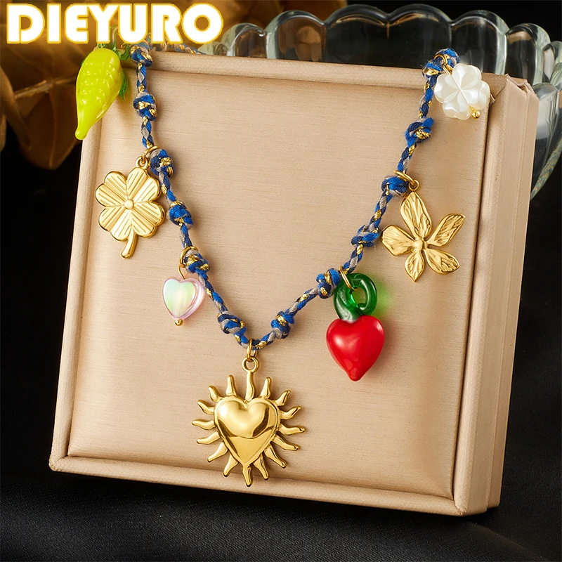 DIEYURO 316L Stainless Steel Golden Flower Heart Sun Pearl Multi-Pendant Necklace Lady Summer Beach Rope Chain Vacation Jewelry