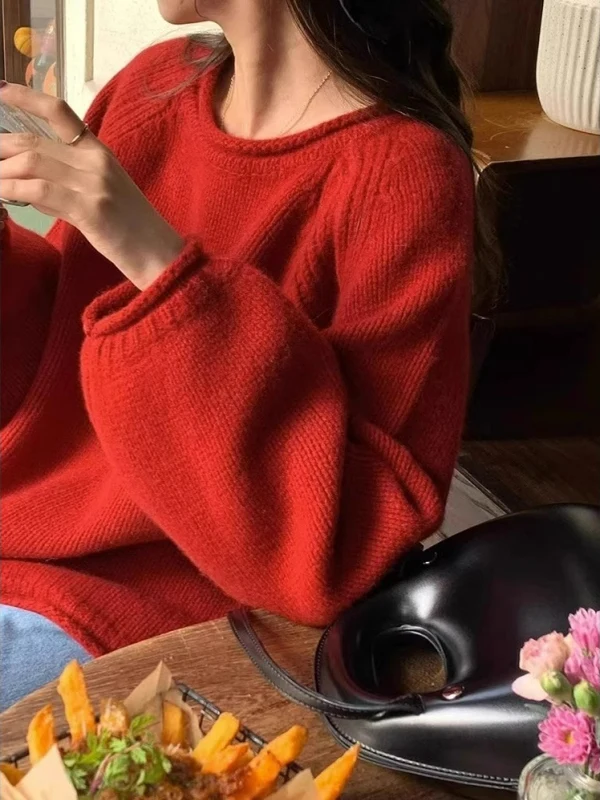 

Red Women's Sweater Base Layer Soft Versailles Small ence Unique Exquisite Autumn Winter Warm Long Sve round Ne Top