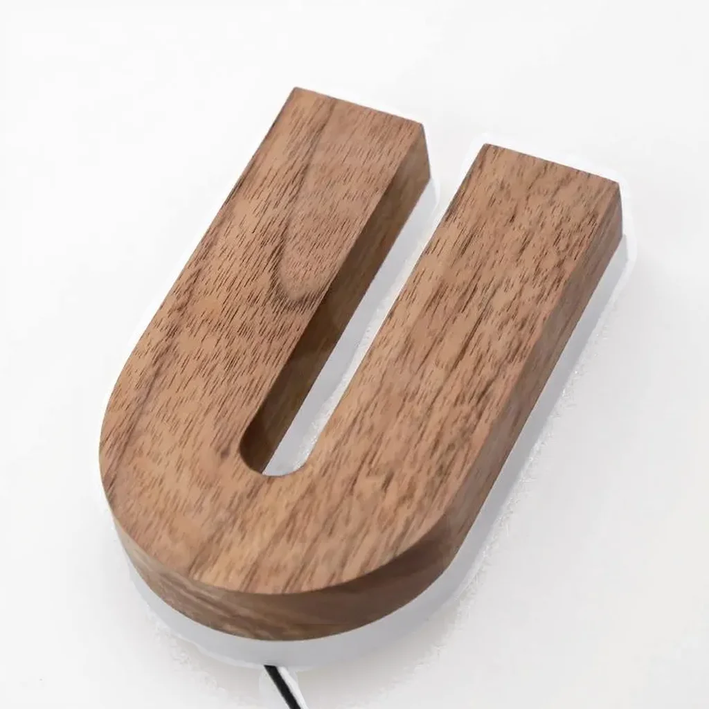 مخصص الخشب الحبوب الخلفية رسالة معدنية ثلاثية الأبعاد علامات الحروف مضيئة للأعمال في الهواء الطلق متجر الجدار لافتات الديكور