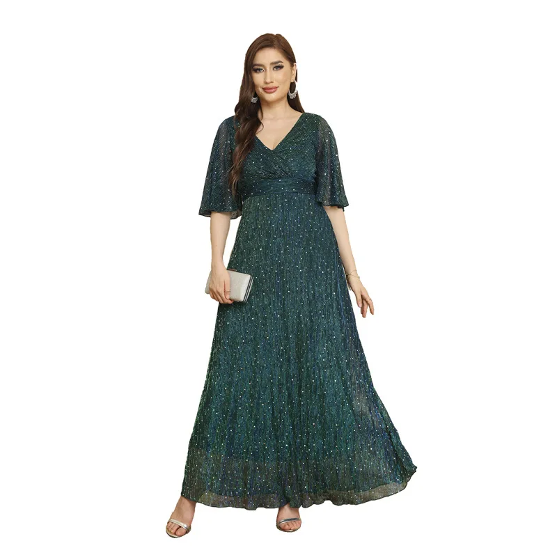 

Elegant Double V-neck Shining Long Plus Size Formal Evening Party Dress Green With Short Sleeves
