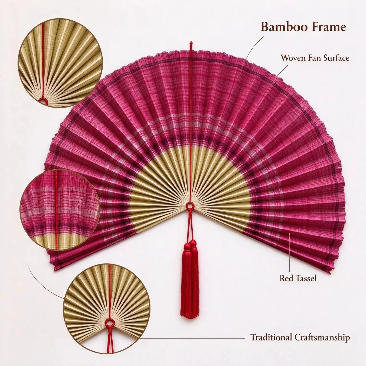 Large Bamboo Hanging Wall Fan, Oriental Decor Fan with Red Tassel for Home Wall Decor
