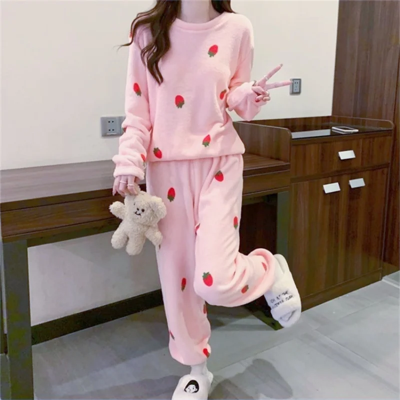 Fleece Pajama Casual Fleece Pajama 2Pcs Pullover Top Elastic Waist Pants Autumn Winter Sweet Cute Strawberry Women Homewear Set