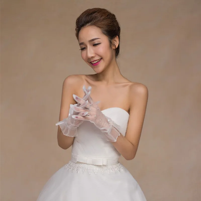 Sposa Tulle accessori donna bianco avorio lunghezza del polso guanti dita intere con perle per accessori per feste a casa