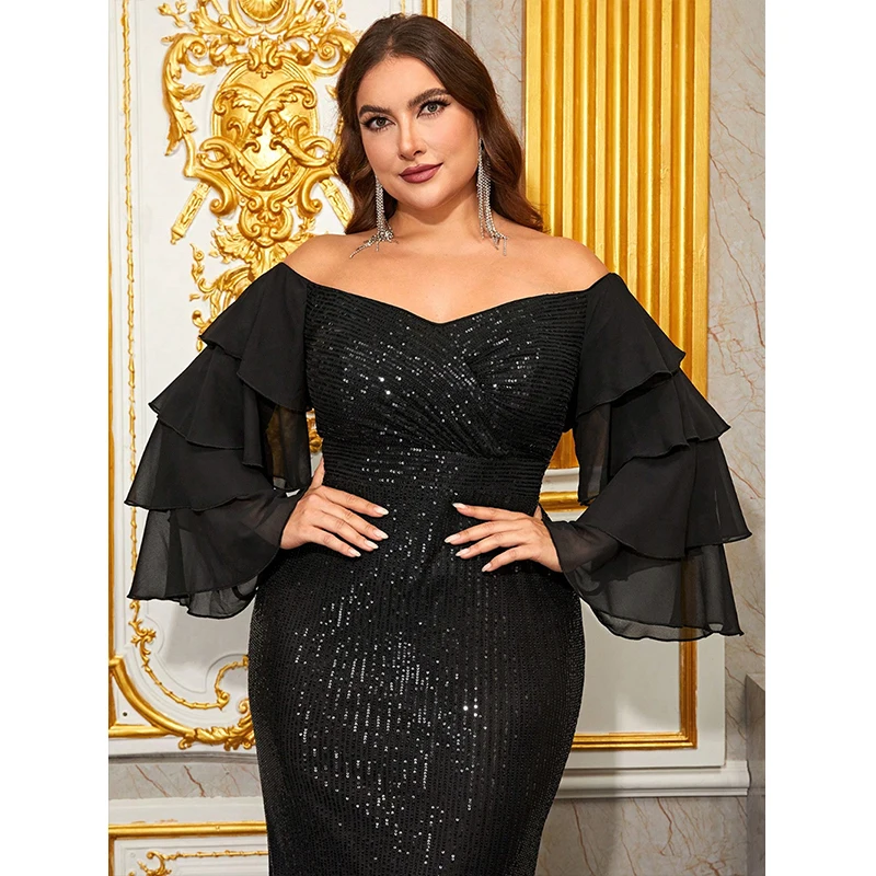 Women Sexy Off shoulder Black sequined dresses Elegant Ladies ruffle Party Evening Cocktail Prom Long Maxi dress