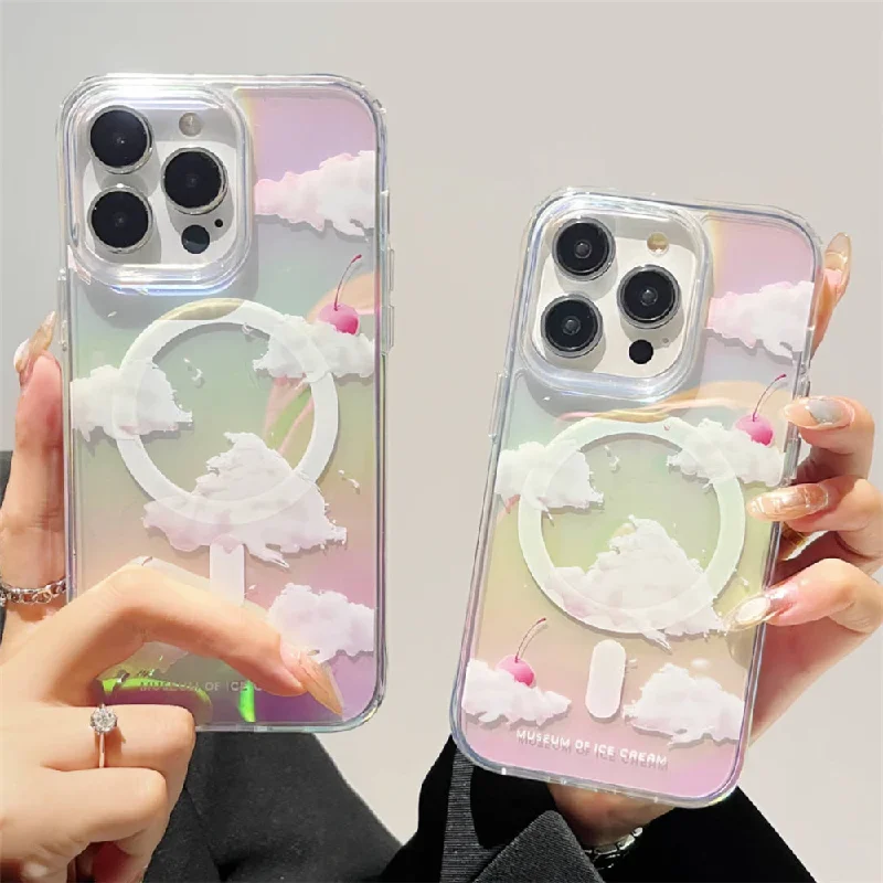 Cute Glitter Laser Cloud Pattern Magnetic For Magsafe Phone Case For iPhone 15 12 13 14 Pro Max Plus Transparent Colorful Cover