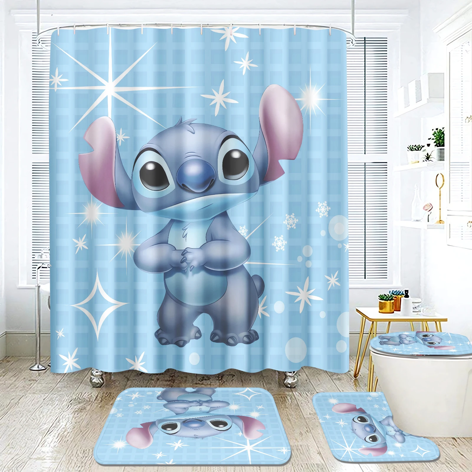 

Stitch Cartoon Anime Alien Baby 4 Piece Mats Bathroom Decorations And Shower Sets Full Set Accessories Curtain Bath & Items