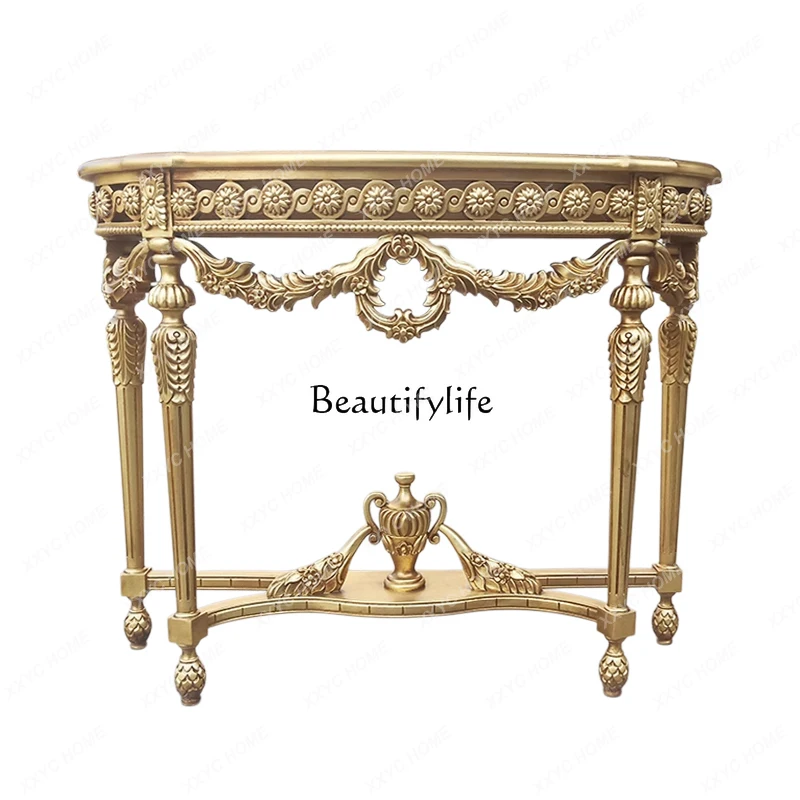 

French all solid wood champagne gold retro engraving living room entrance table gold foil old craftsmanship luxury