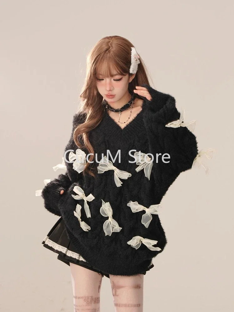 2024 New Elegant Knitted Sweater Woman Loose Casual Korean Fashion Pullovers Aesthetic Kawaii Sweet Pure Color Jumpers E-girls