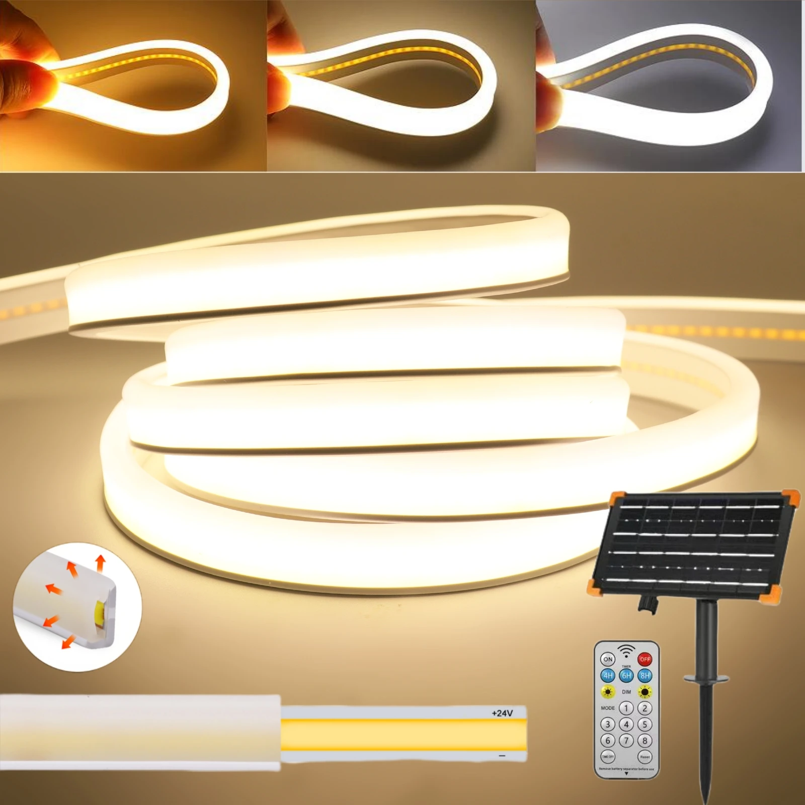 

Double-Sided Glow COB LED Strip Solar Light DC 24V Flexible LED Neon Ribbon Tape 320LEDs/m High Density Dimmable Linear Lighting