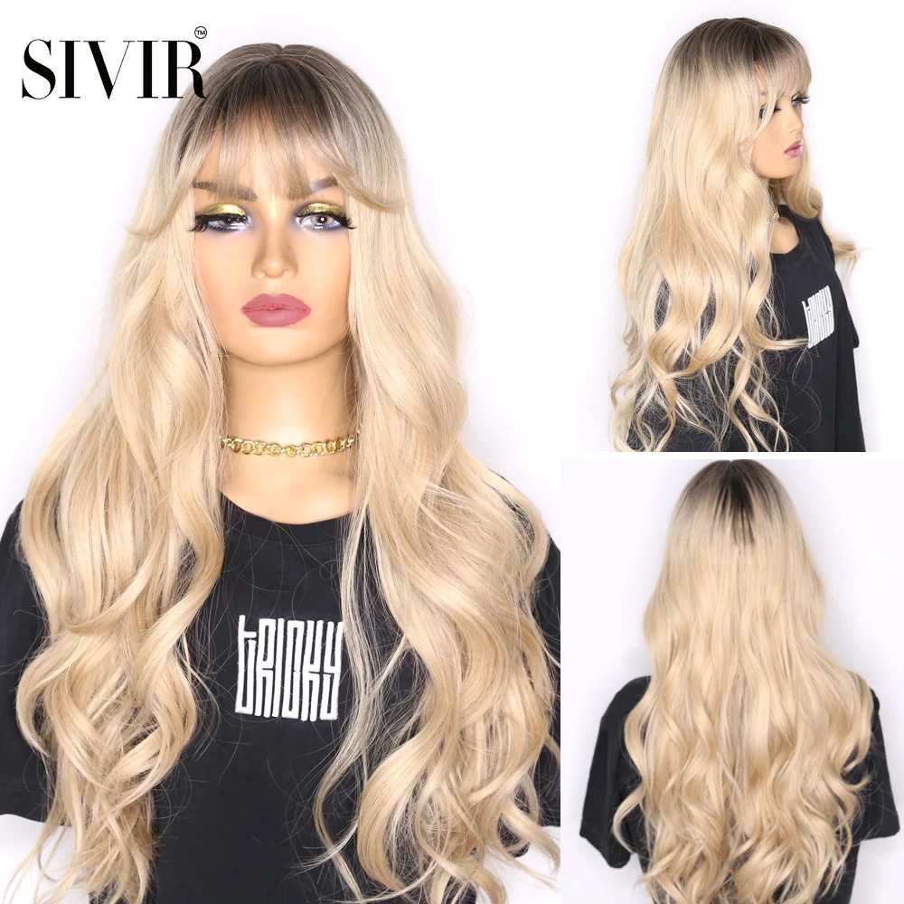 Sivir Synthetic 613/Black/Pink Color Wigs For Woman Long Natural Wave Hair With Bangs Cosplay/Daily/Party  Heat Resistant Fibre