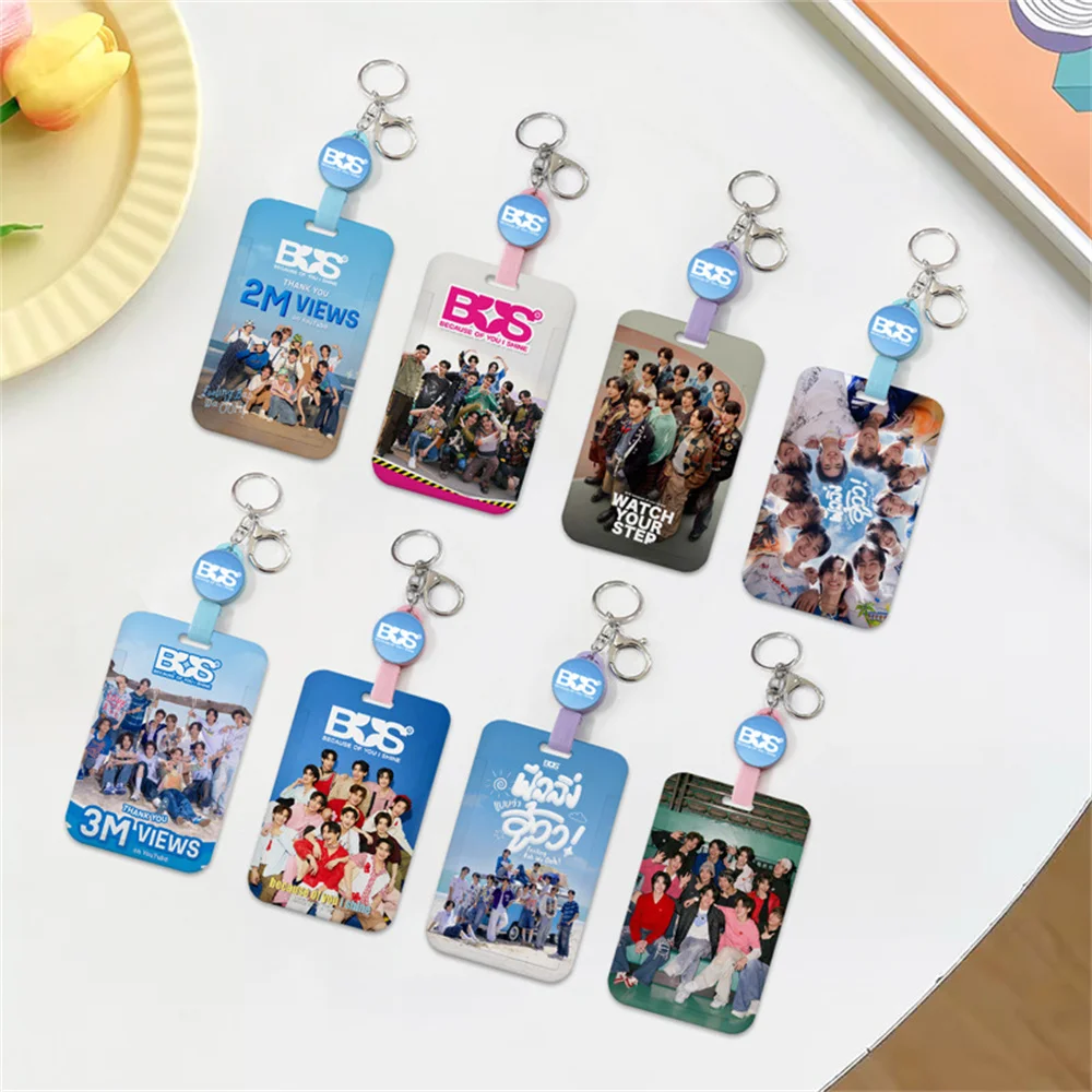 KPOP BUS Pushing Slider Keychain Double Sides Acrylic Keyring Pendant Idols Card Frame Boys Girls Students Bus Card Holder Gift