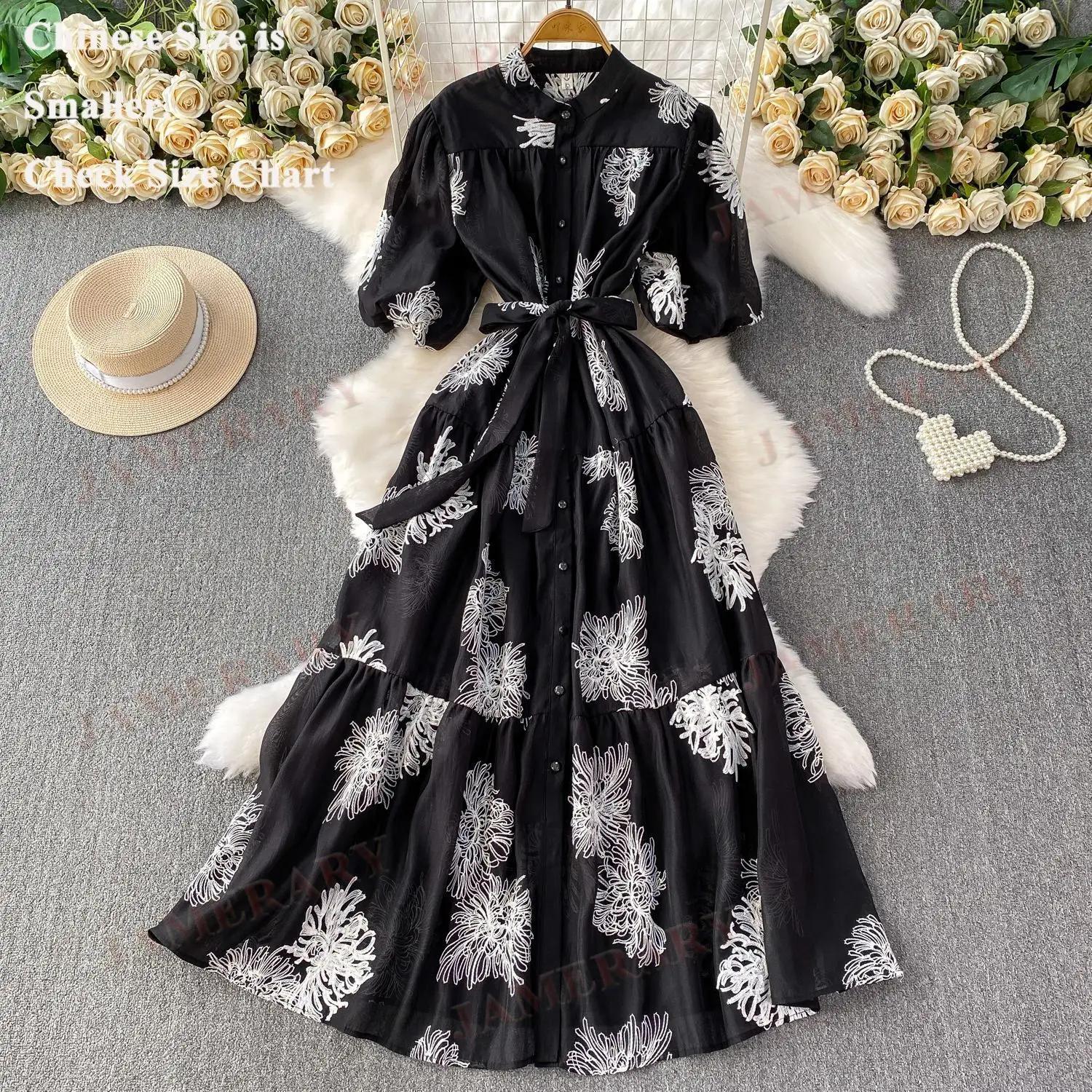 Eleganckie letnie sukienki z krótkim rękawem, haftowane, długie, damskie, luźne, w dużych rozmiarach, o kroju litery A, zapinane na guziki, jesienne sukienki na studniówkę/imprezę, koszulowe.