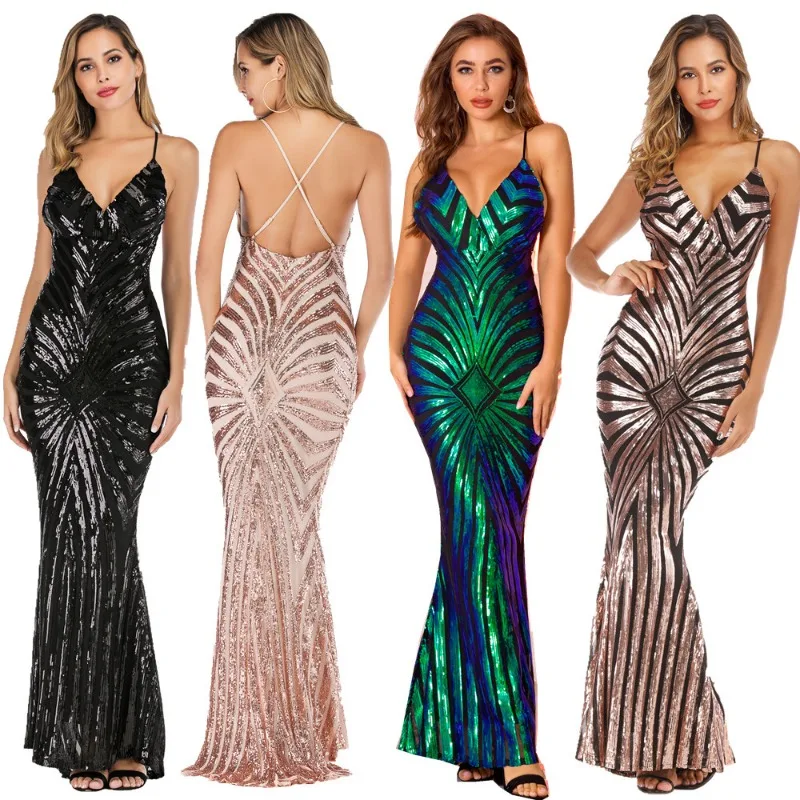 

New Women Fashionable Summer Sequined Sexy Suspender Halter Long Dress Female Elegant Evening Party Deep V-neck Mopping Dresses