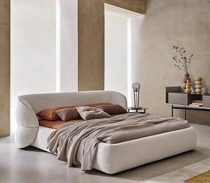 

Light French white master bedroom cream style lambswool fabric bed simple modern large apartment hemmed double bed