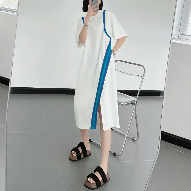 Robe t-shirt patchwork surdimensionnée pour femmes, robe décontractée, robe d'été, col rond, manches courtes, documents d'abonnés, mode, nouveau