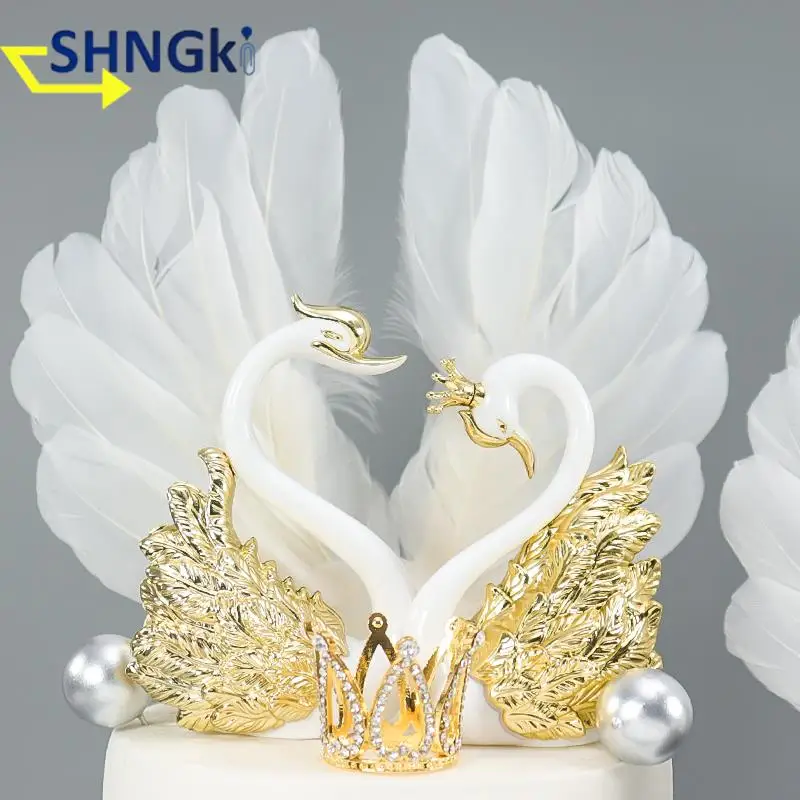 1 Pair Romantic Crown Swan Cake Topper Flamingo Cake Dessert Baking Decor Ornament Birthday Wedding Cake Decoration Supplies