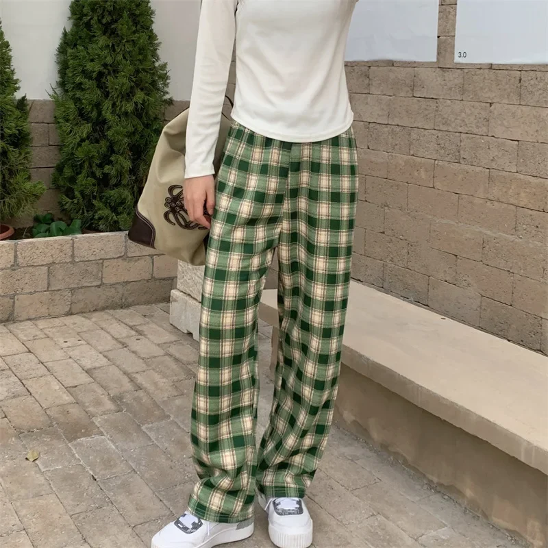 Damen-Hose mit weitem Bein, kariert, mit Fleece gefüttert, hohe Taille, lockere Passform, für den Winter, warm, verdickt, lässige Lounge-Hose für den täglichen Gebrauch – Detail 16