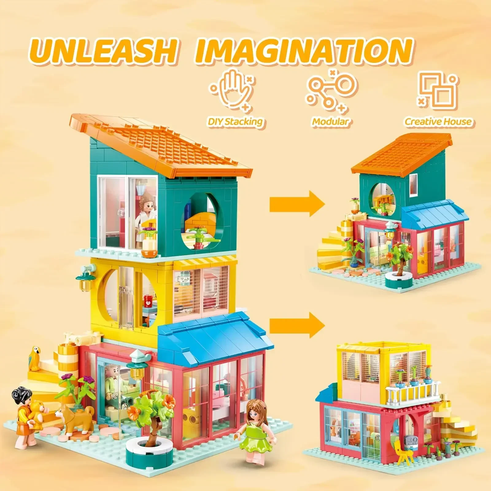 571PCS สีสัน Stacking House Building Blocks ห้องครัวห้องนอนห้องนั่งเล่น DIY ซ้อนอิฐเดสก์ท็อปตกแต่งของเล่นเด็กของขวัญ