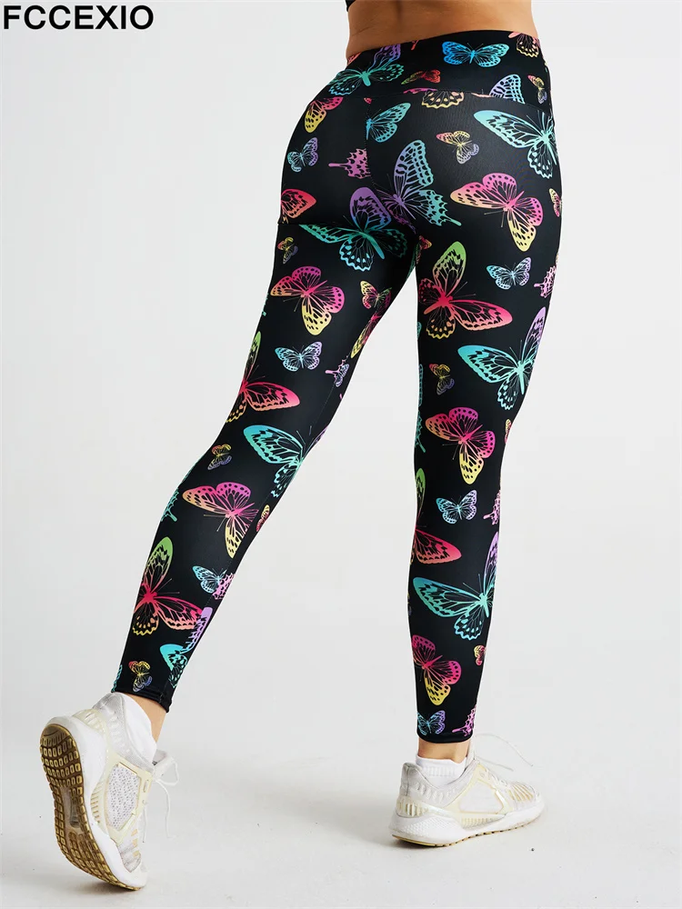 

FCCEXIO Sexy Colorful Butterfly Print Women's Sports Leggings High Waist Running Tght Fitness Workout Yoga Gym Pants 3D Leggins