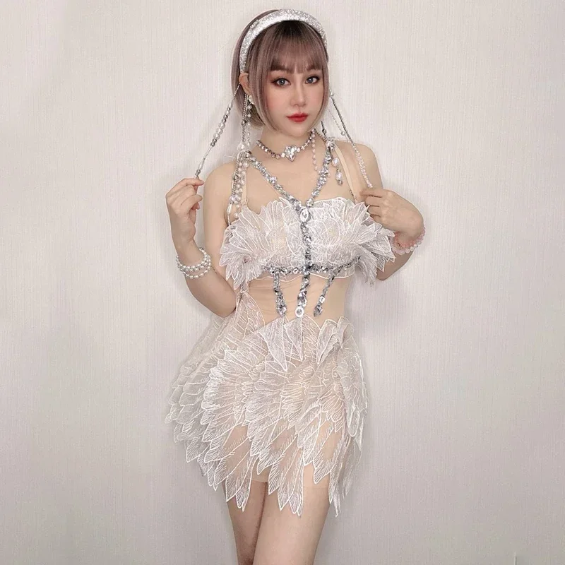 Sexy White Mesh Party Dress Women Halter Rhinestones Party Dress Nightclub Dj DS Drag Queen Costume Stage Rave Outfit