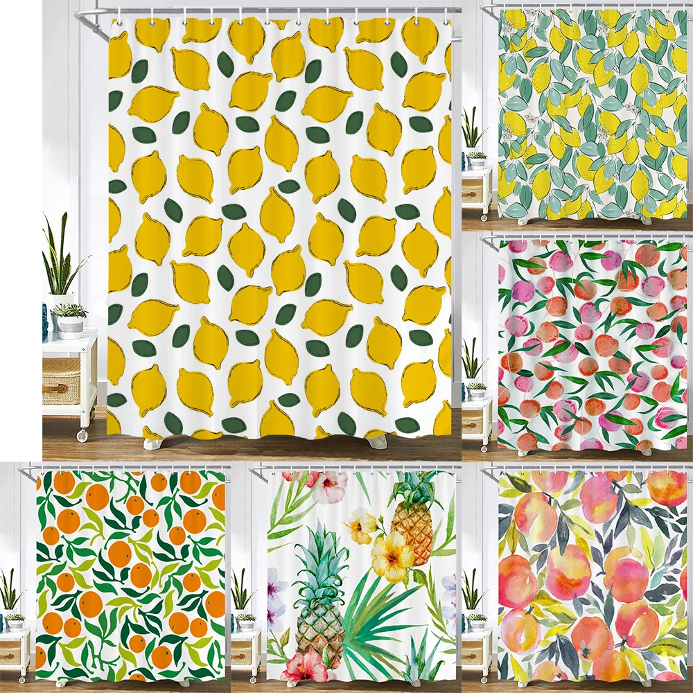 

Fruit Shower Curtains Cartoon Peach Lemon Pattern Home Decor Creative Waterproof Polyester Fabric Bathroom Curtain with Hooks