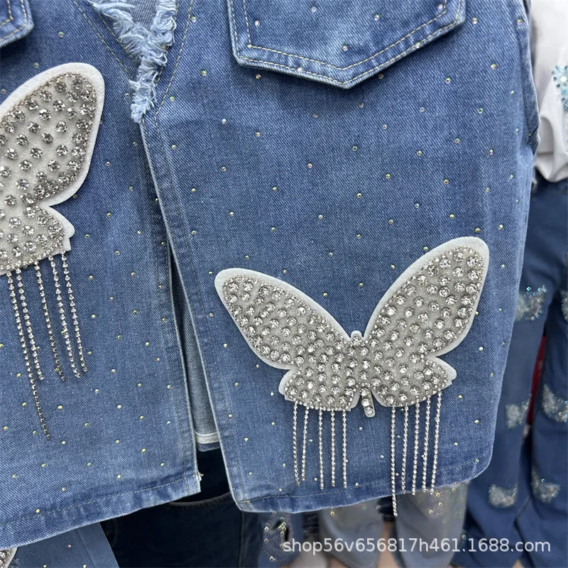 Fashionable Women Denim Sets Tassel Diamonds Butterfly V-neck Sleeveless Vest Coat + High Waist Wide Leg Casual Denim Pants