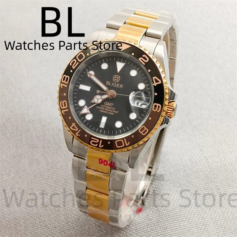 BLIGER 38mm Two Tone Gold Rootbeer GMT Automatic Men Dive Watch NH34 Movement Sapphire Glass Ceramic Bezel Waterproof Slide Lock