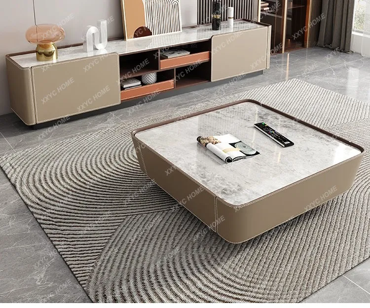 

Living room saddle leather TV cabinet combination solid wood light luxury high-end rock slab floor locker