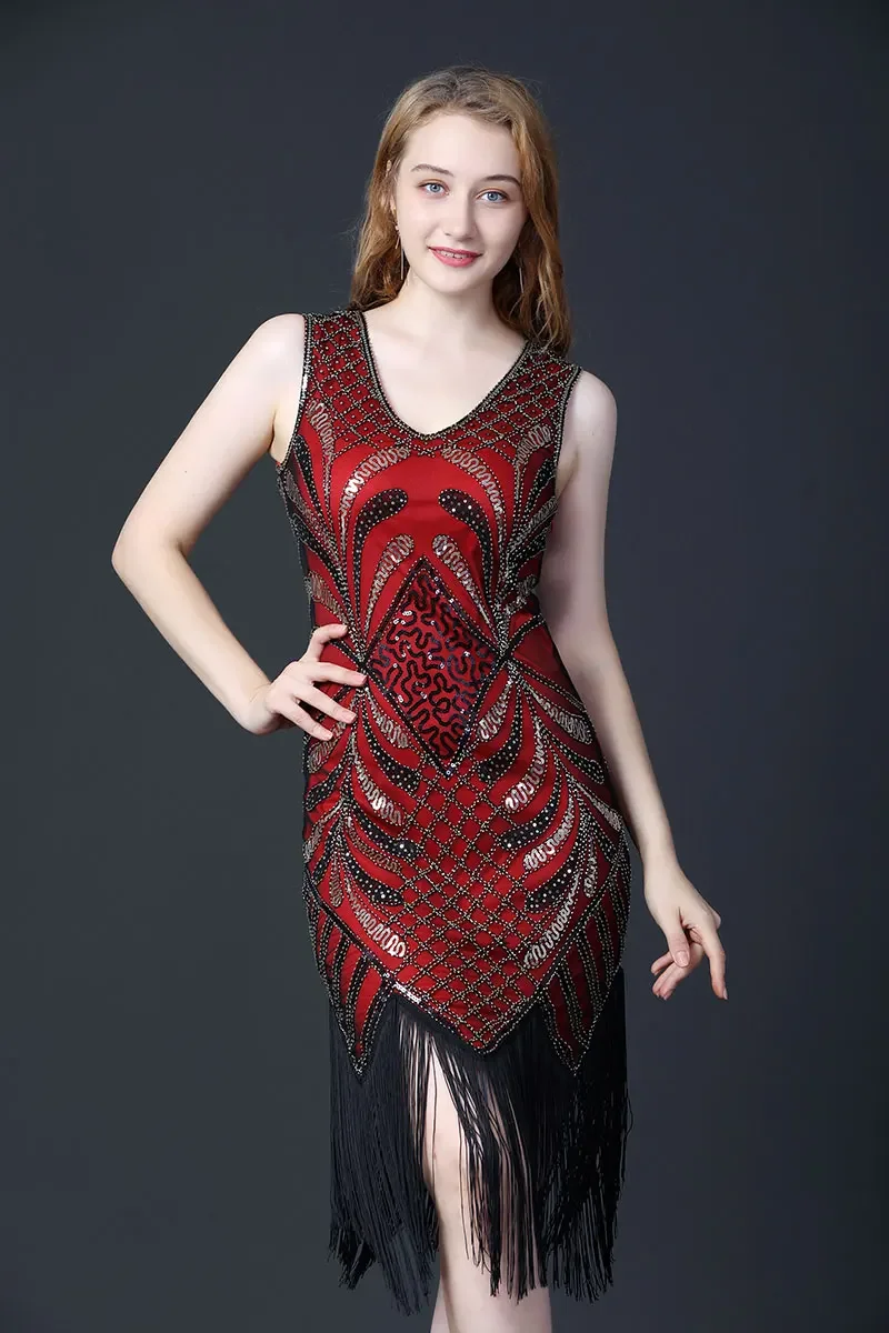 Women V-Neck Sleeveless Latin Dress Evening Party Costumes for Women 1920s Sequin Beaded Latin Costume  Stage Dance Costume