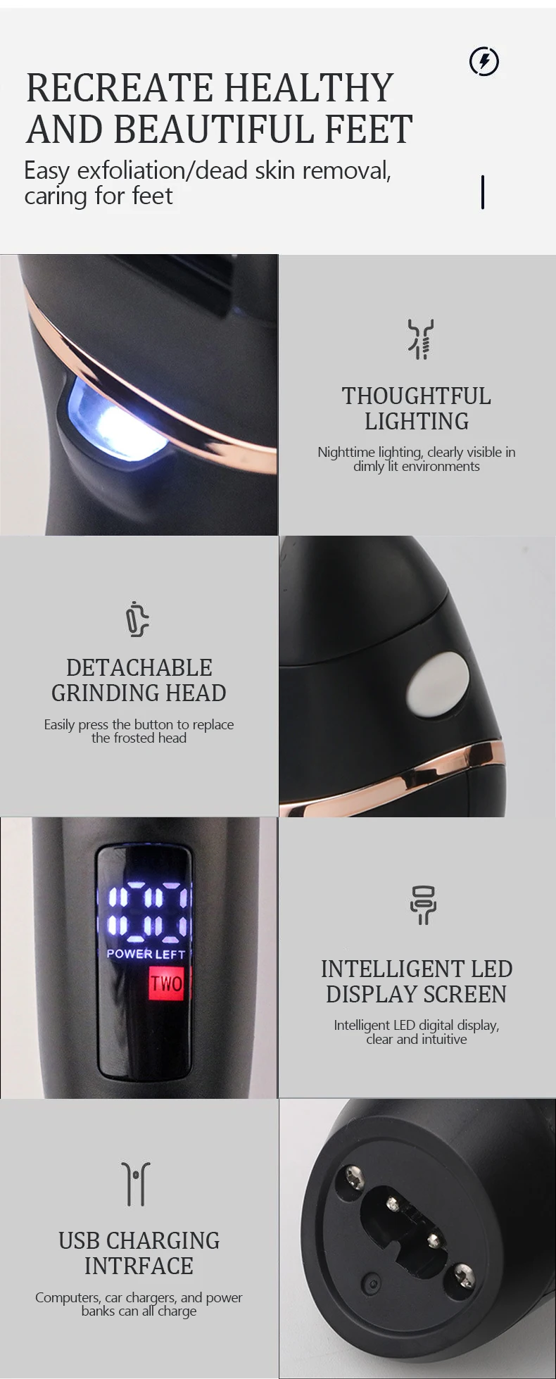 Waterproof Charged Electric Foot File for Heels Grinding Pedicure Tools Professional Foot Care Tool Dead Hard Skin Callus USB