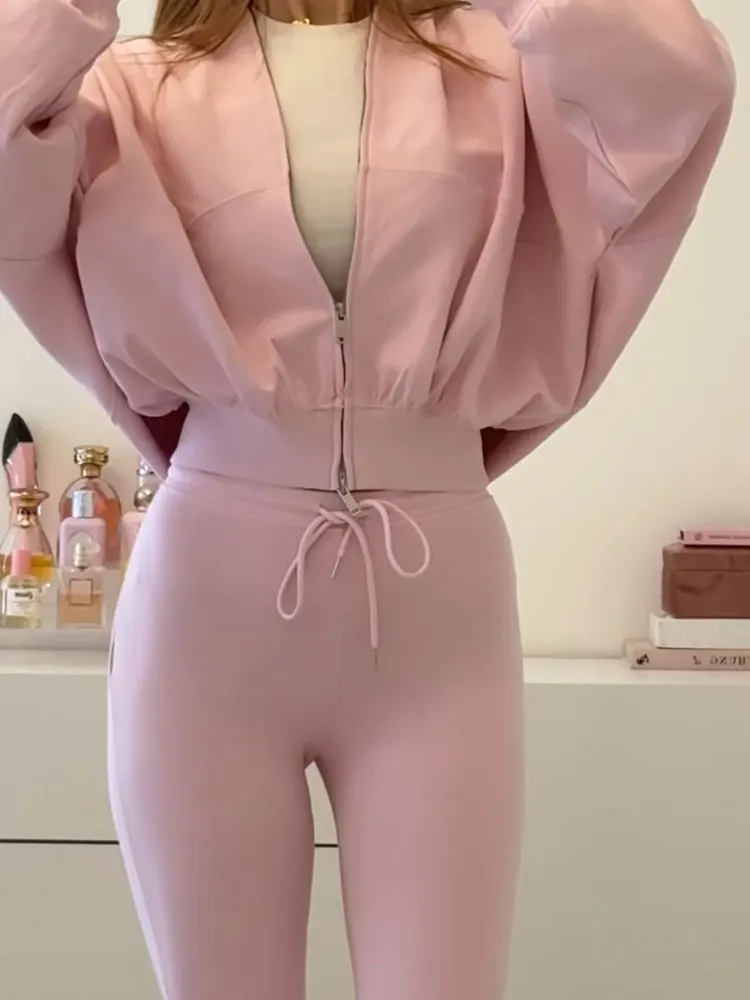 여성 패션 솔리드 재킷 플레어 팬츠 긴팔 지퍼 코트 하이웨이스트 슬림 팬츠 세트 가을 캐주얼 여성 스트리트웨어