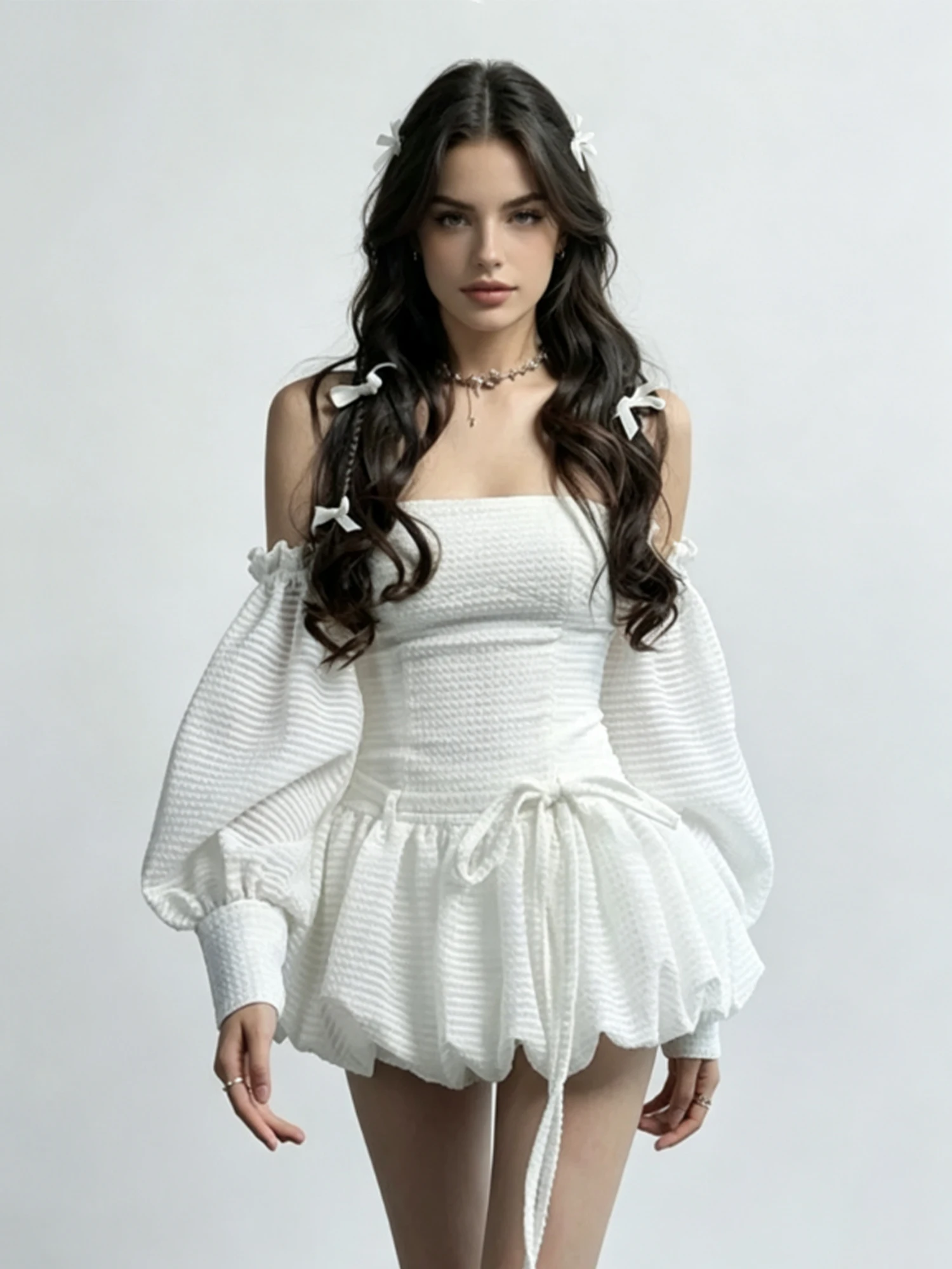Women White Strapless A-line Dress Lace-up Long Sleeve Off Shoulder Puff Dress Vintage Elegant Birthday Party Mini Dress Summer