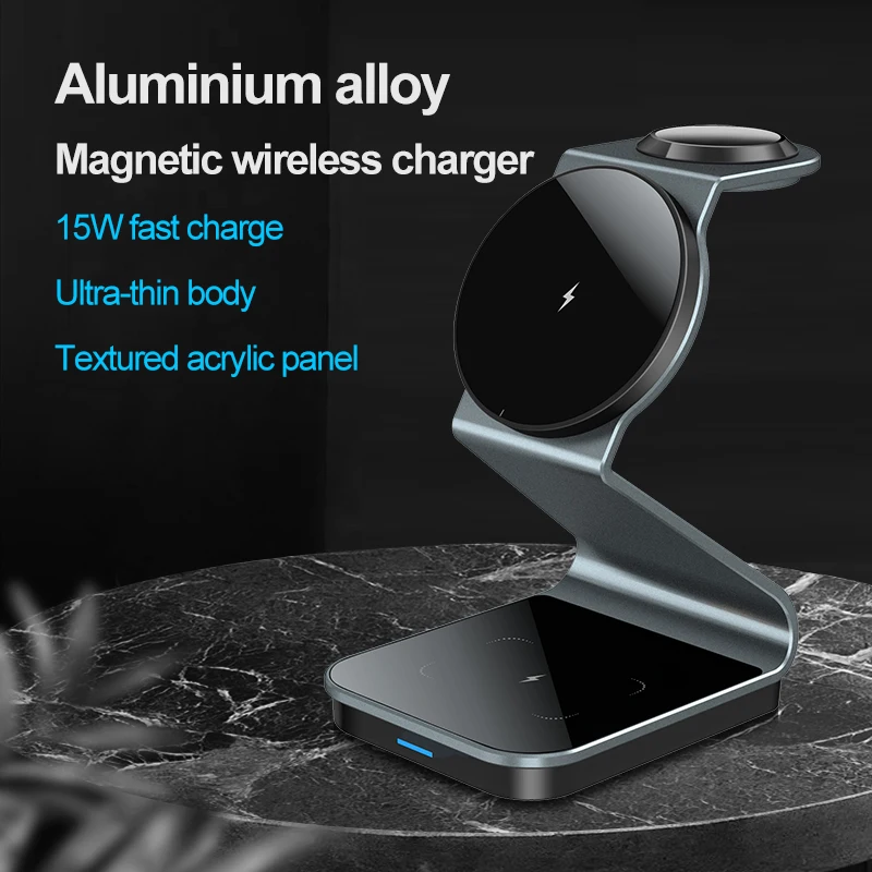 Magnetic wireless charger three in one 15W fast charging bracket for mobile phones, watches, earphones, wireless charging