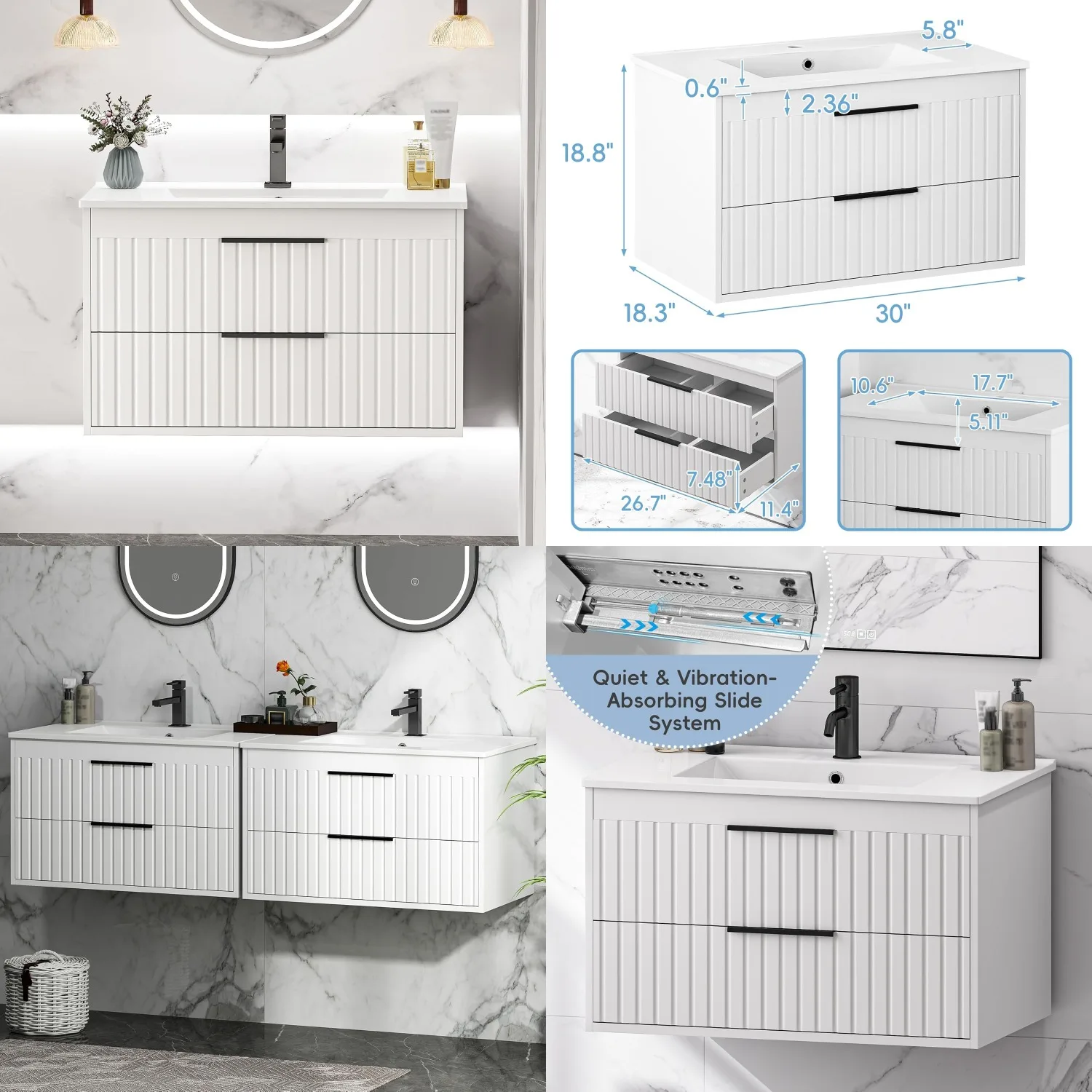 

30" Bathroom Vanity Cabinet with Sink Combo Floating 2 Big Drawers Metal Handles White, Customized