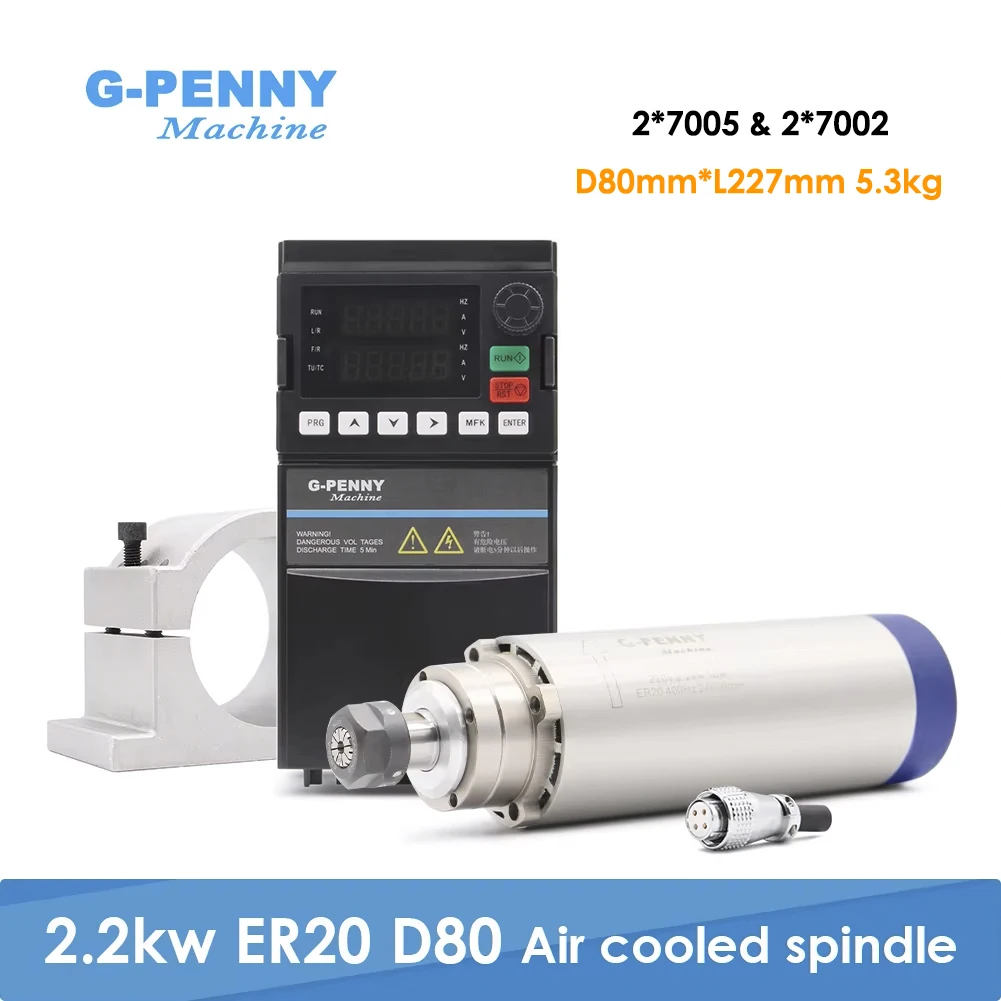 

G-Penny 2.2KW 220V Air Cooling Spindle Motor ER20 24000rpm Ceramic Ball Bearings 0.01mm + VFD Inverter + Bracket For CNC Router