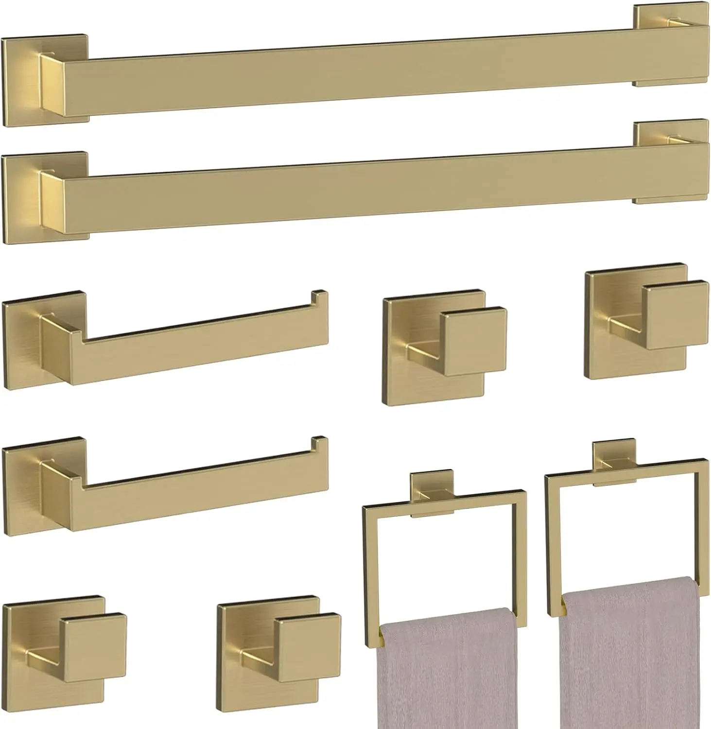 

10-Piece Brushed Gold Bathroom Accessories Set – 23.6" Towel Bar, Towel Ring, Toilet Paper Holder & Hooks