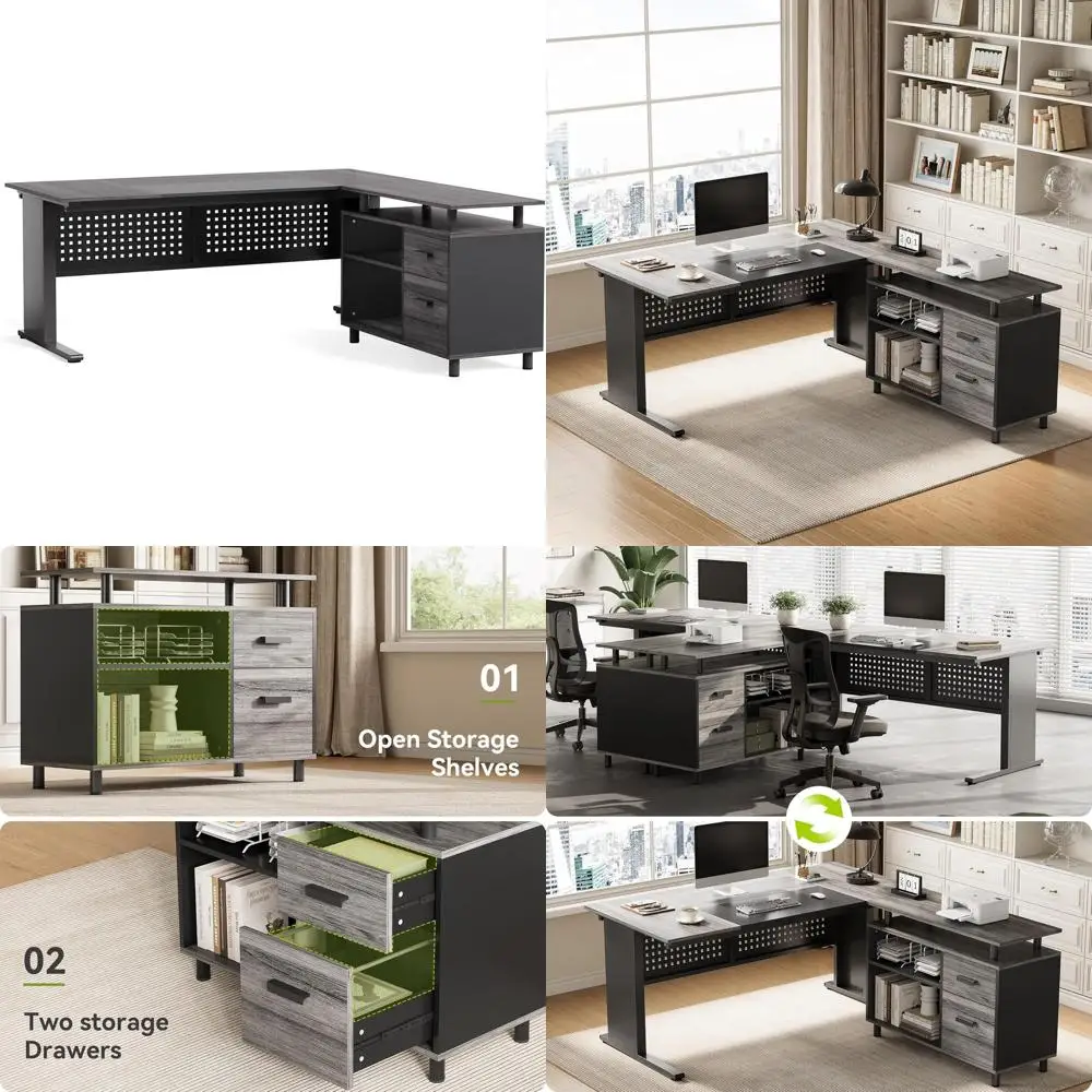 

Большой компьютерный стол с тумбой, 63-дюймовый L-образный офисный стол руководителя с ящиками и полками для хранения, офисная мебель