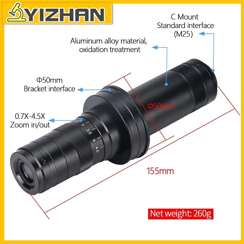 Yizhan 35-215x lente de microscópio monocular 0.7-4.5x oculares de microscópio ajustáveis 50mm de diâmetro de instalação ferramentas de microscópio